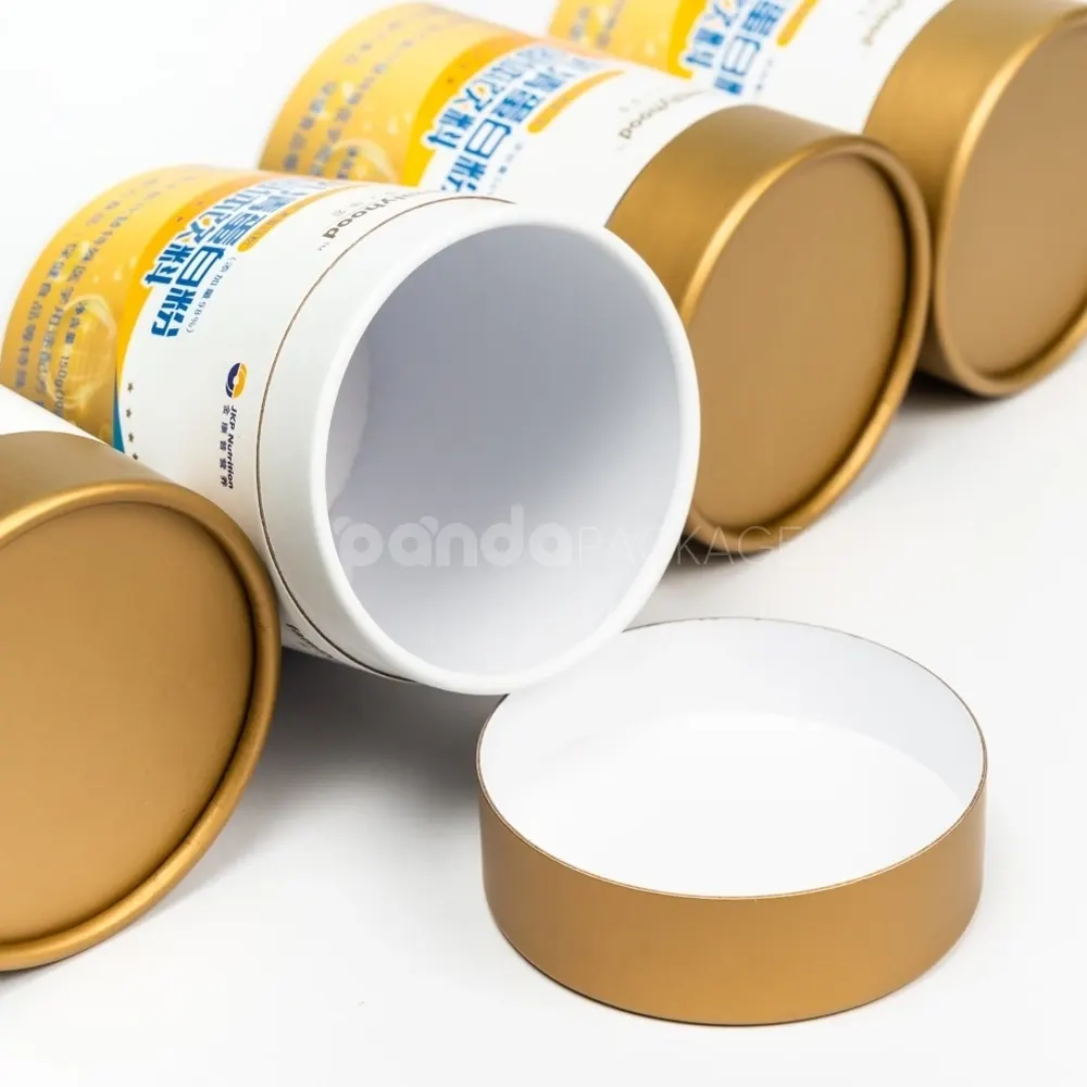 Open food-grade white paper tube with metallic lid