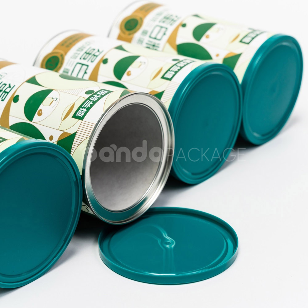 Round paper tube packaging with green plastic lid