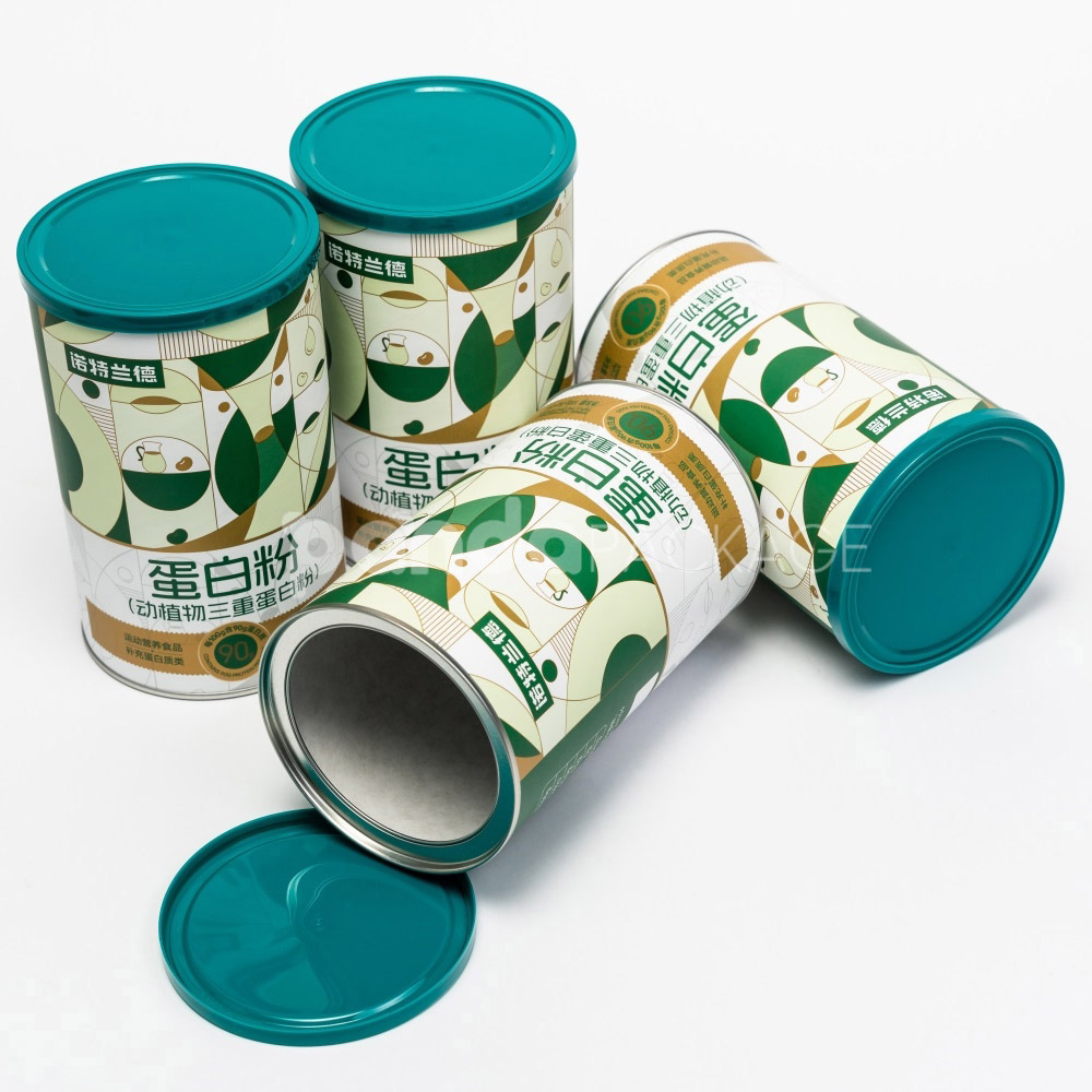 Round paper tube packaging with green plastic lid