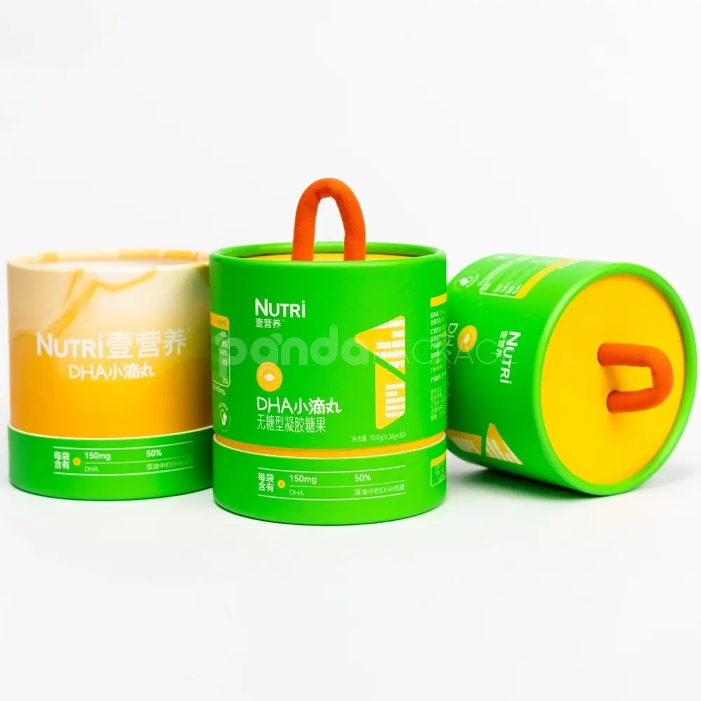 Green rigid paper tube with handle for food packaging