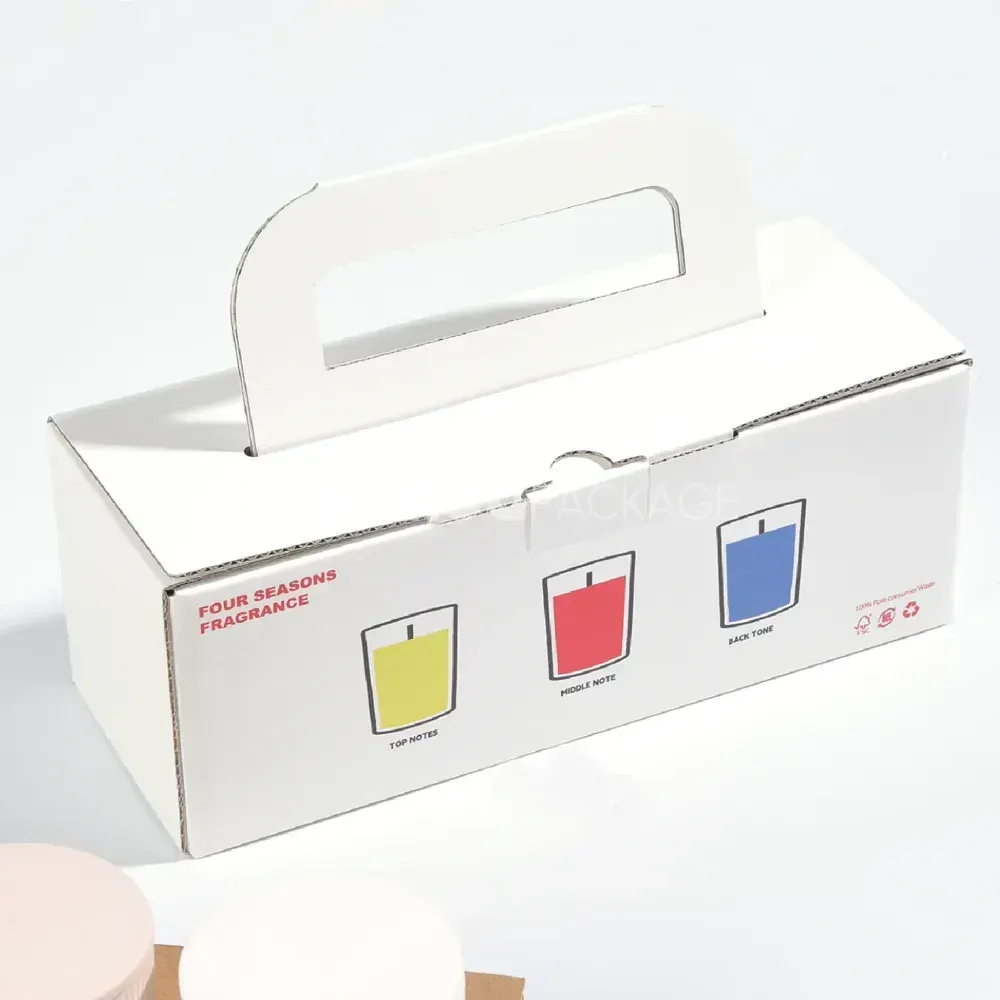 Corrugated paper box with built-in handle and tray