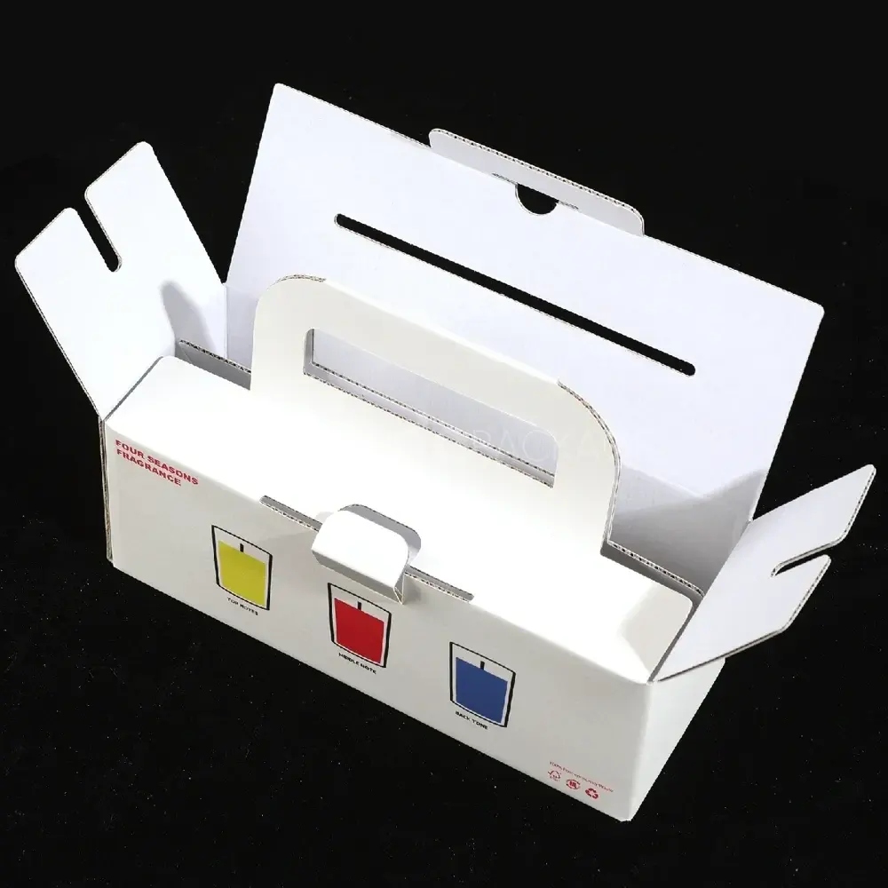 Corrugated paper box with built-in handle and tray