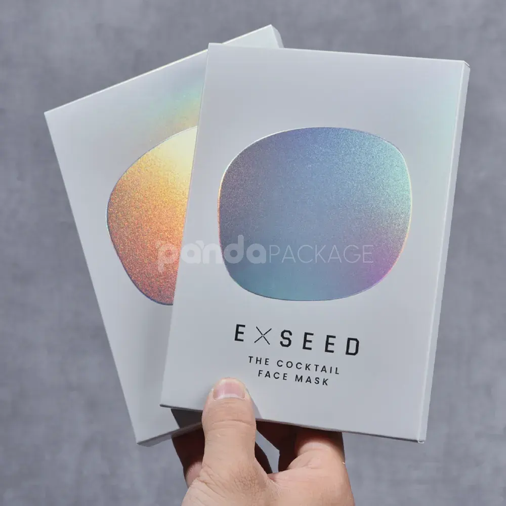 Holographic paperboard box with flat-packed design and foil stamping