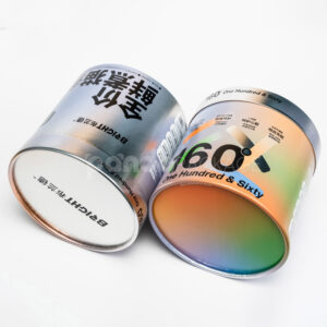 Holographic round paper canister with divider lid for premium food or gift packaging