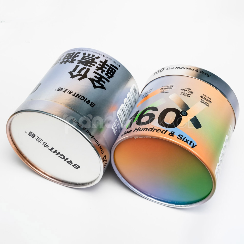Holographic round paper canister with divider lid for premium food or gift packaging