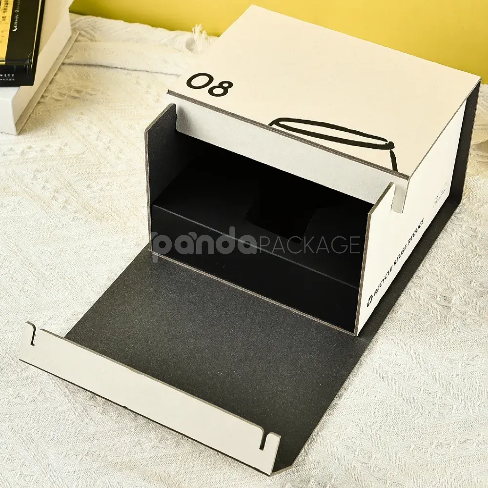 Minimalist dual flip lid rigid gift box in white with printed art graphics