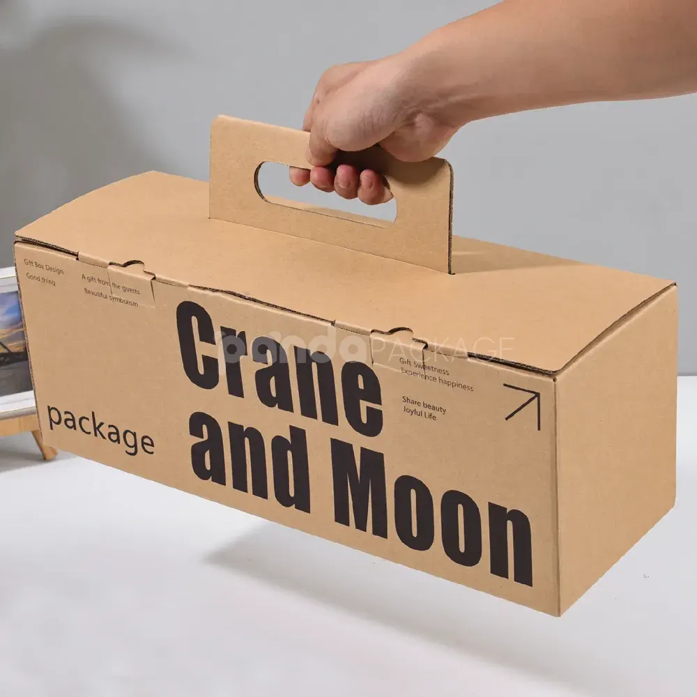 Foldable kraft paperboard box with bold black printed text and handle