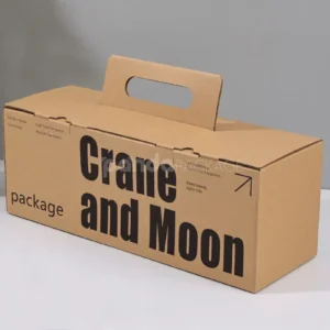 Foldable kraft paperboard box with bold black printed text and handle