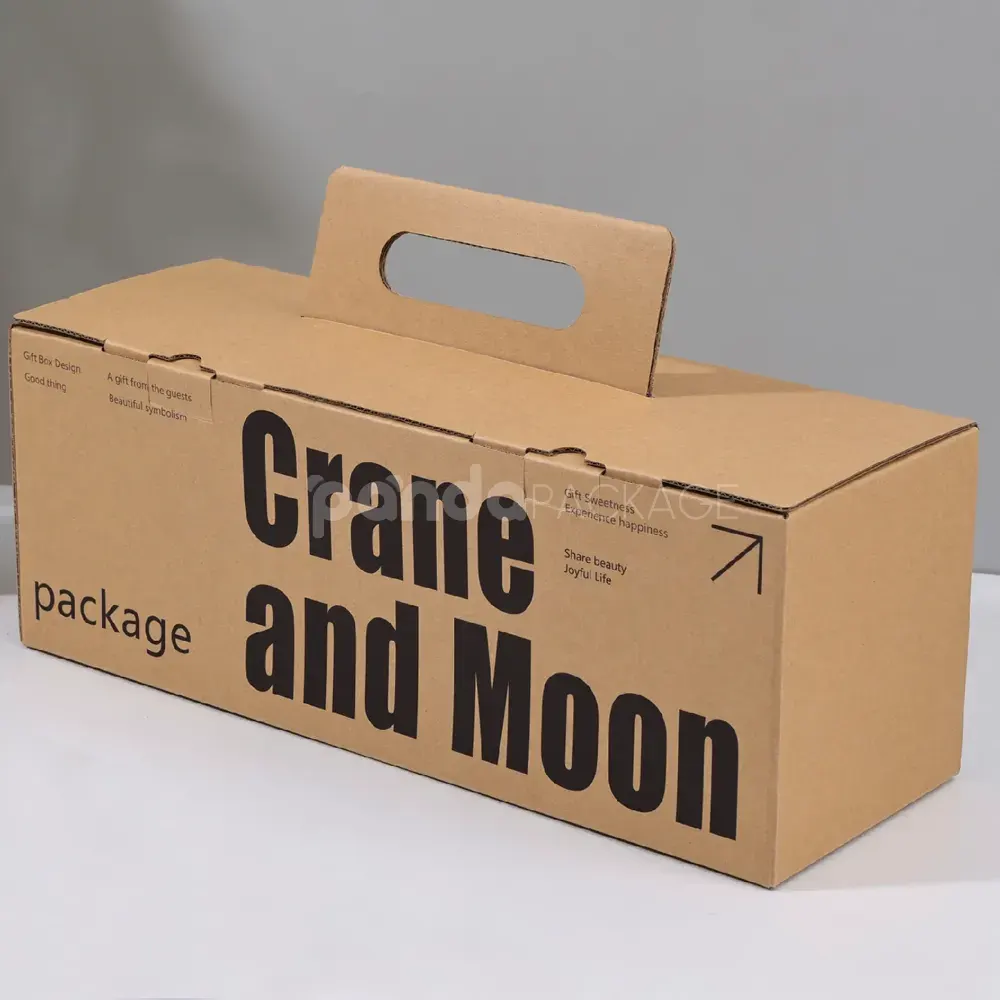 Foldable kraft paperboard box with bold black printed text and handle