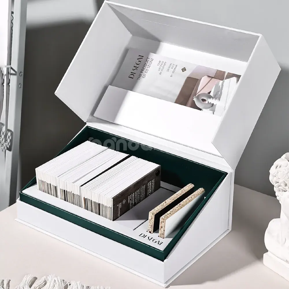 White book-style rigid box for material sample presentation