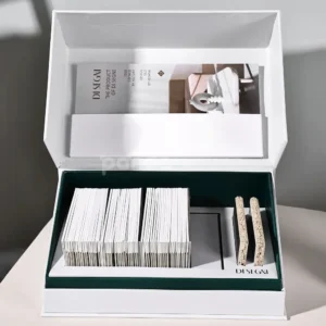White book-style rigid box for material sample presentation