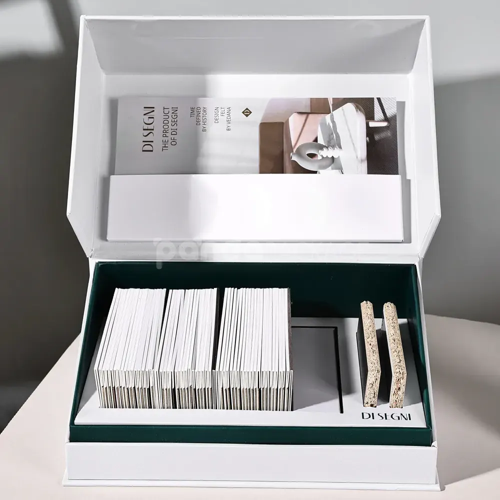 White book-style rigid box for material sample presentation
