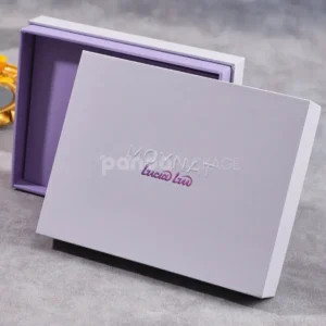 Lavender rigid box with flip lid and gradient foil logo
