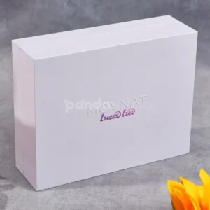 Lavender rigid box with flip lid and gradient foil logo