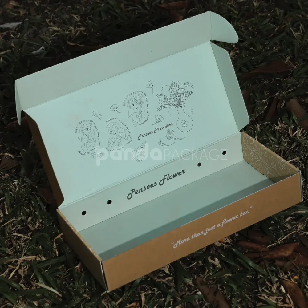 foldable kraft mailer box with printed inner design and handle holes