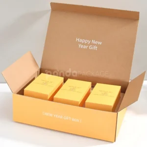 foldable kraft mailer box with divider insert and handle in orange print