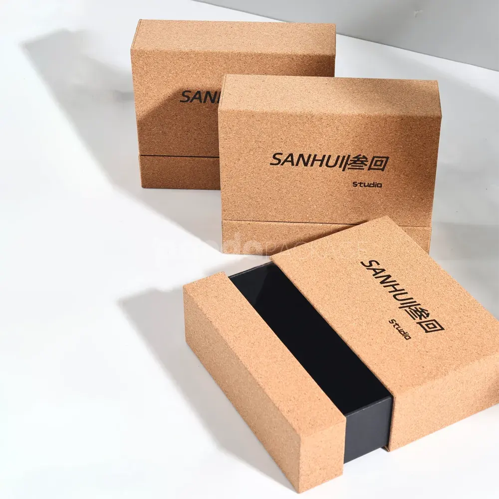 Luxury cork rigid drawer box with black tray insert