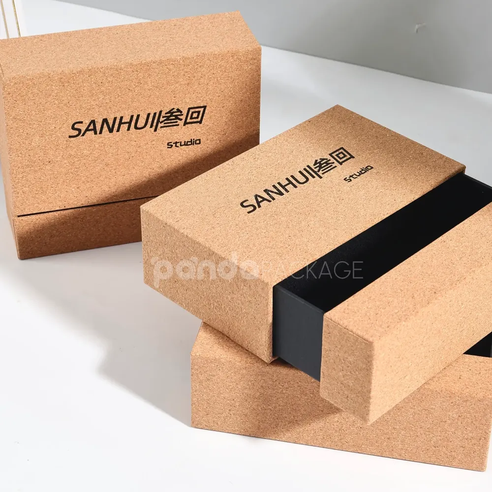 Luxury cork rigid drawer box with black tray insert