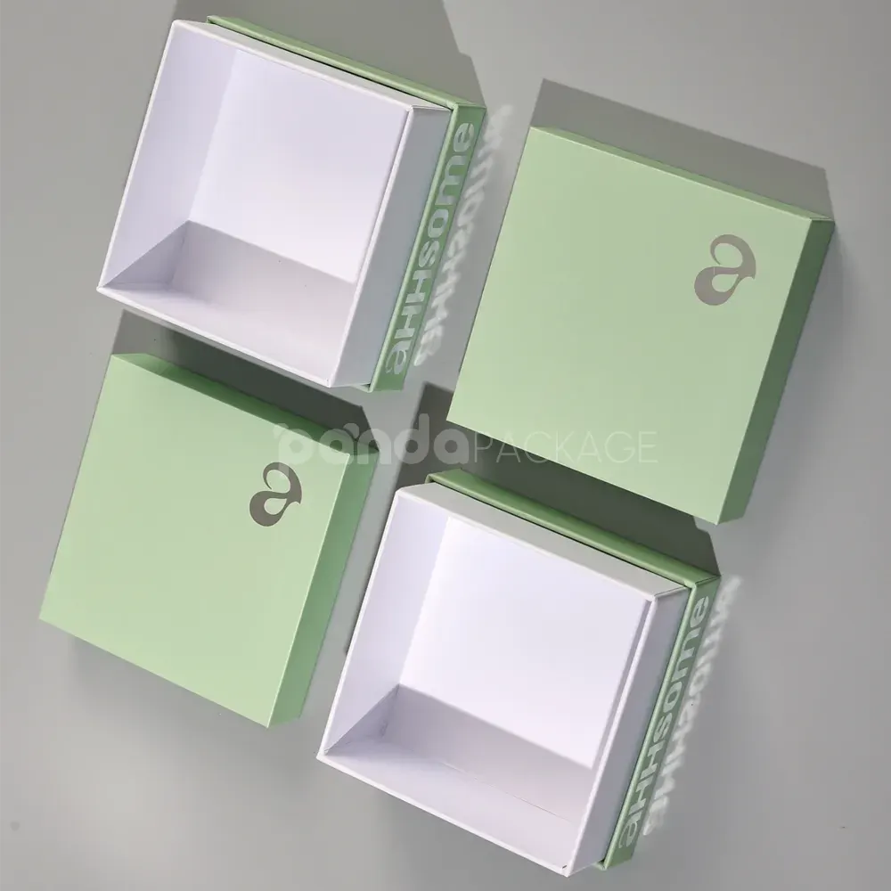 pastel matcha green rigid box with lift-off lid and foil logo