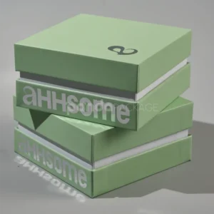 pastel matcha green rigid box with lift-off lid and foil logo