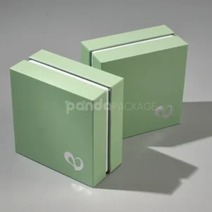 pastel matcha green rigid box with lift-off lid and foil logo