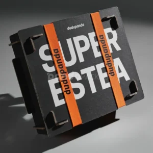 interlocking paperboard box with orange strap and slot-in panels