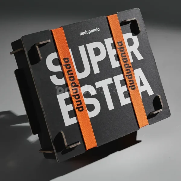 Interlocking Paperboard Display Box with Orange Straps