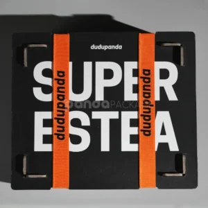 interlocking paperboard box with orange strap and slot-in panels