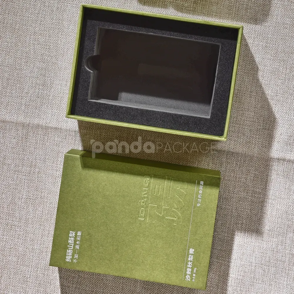Olive green rigid paper box with lift-off lid and EVA insert
