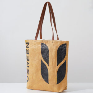 Eco kraft paper tote bag with leather handles and logo print