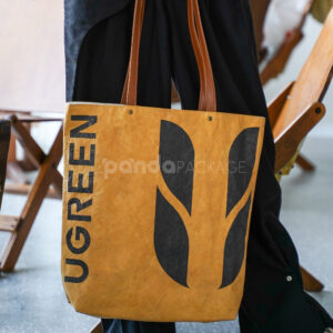 Eco kraft paper tote bag with leather handles and logo print