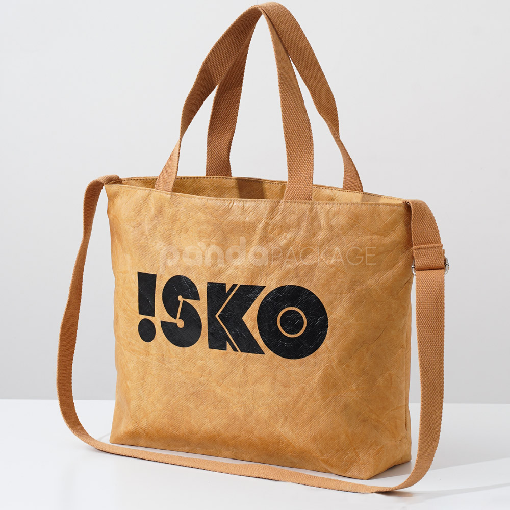 Eco kraft crossbody tote bag with printed logo and shoulder strap
