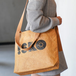Eco kraft crossbody tote bag with printed logo and shoulder strap