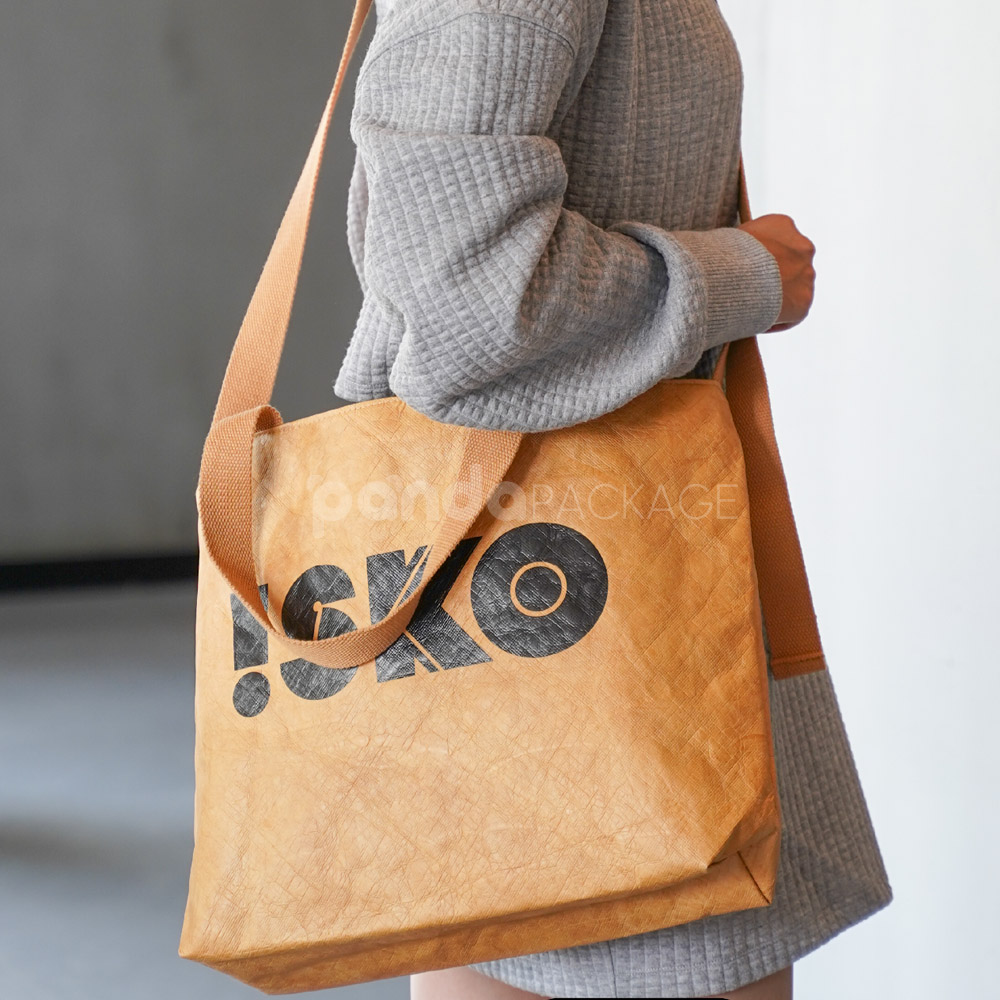 Eco kraft crossbody tote bag with printed logo and shoulder strap
