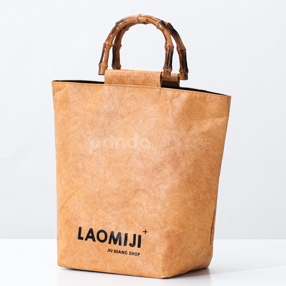 Eco kraft paper tote bag with bamboo-style handle