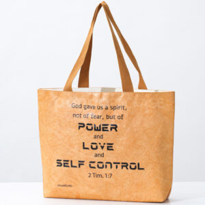 brown kraft paper tote bag with bible verse and wide handles