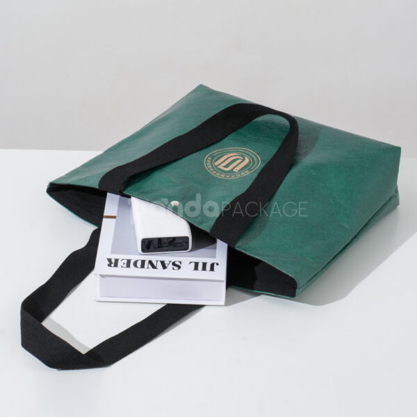 Green Textured Paper Tote with Black Handles