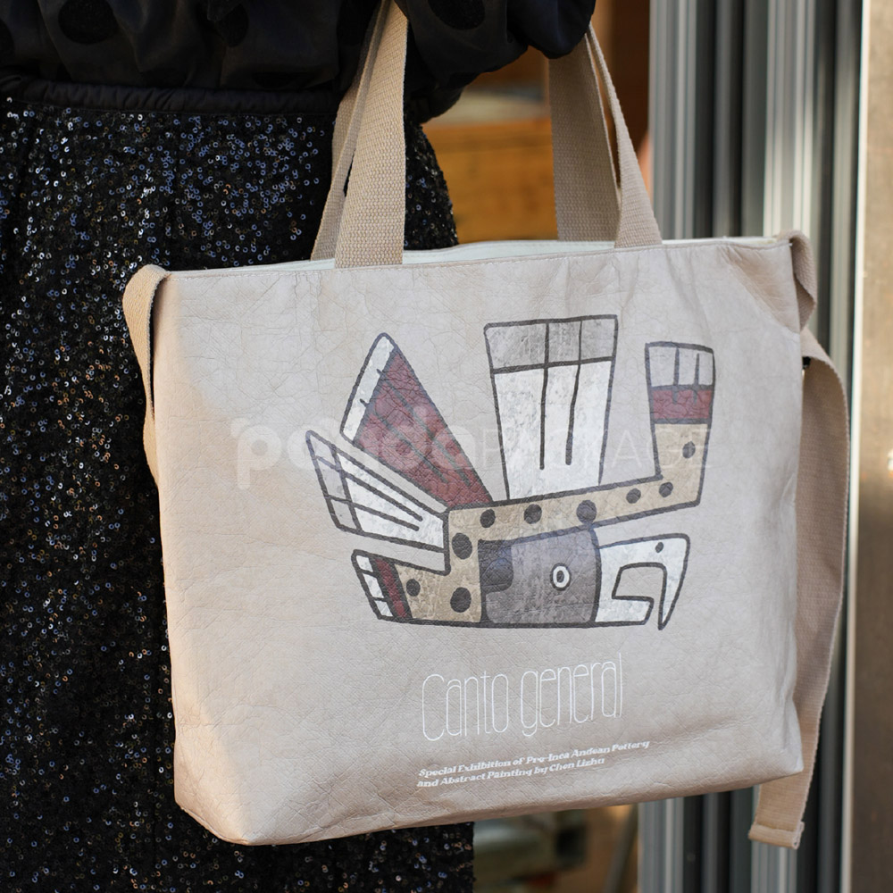Eco paper tote bag with tribal bird design and shoulder strap