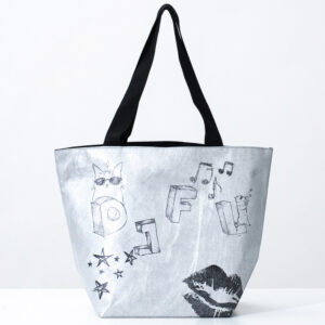 Eco-friendly gray tote paper bag with illustrated prints and black handles