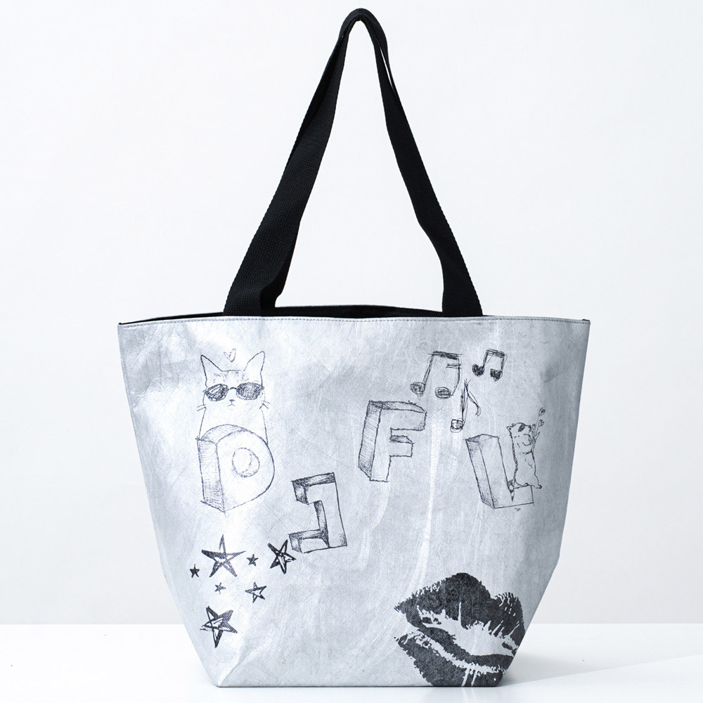 Eco-friendly gray tote paper bag with illustrated prints and black handles