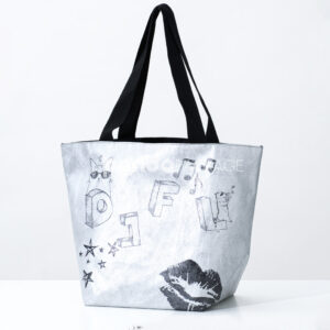 Eco-friendly gray tote paper bag with illustrated prints and black handles