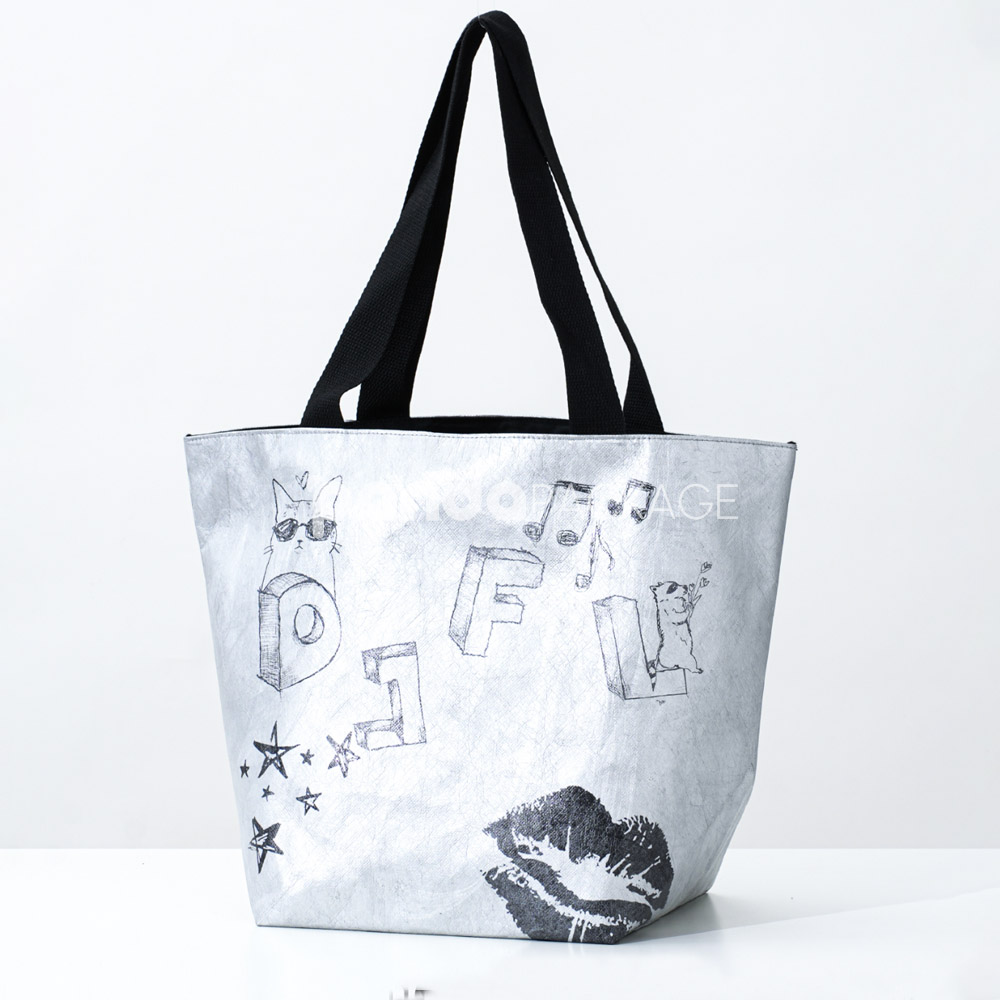 Eco-friendly gray tote paper bag with illustrated prints and black handles