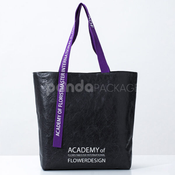 Black Textured Paper Tote with Purple Woven Handles