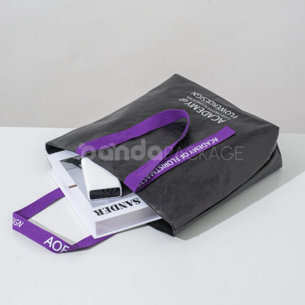 Black Textured Paper Tote with Purple Woven Handles