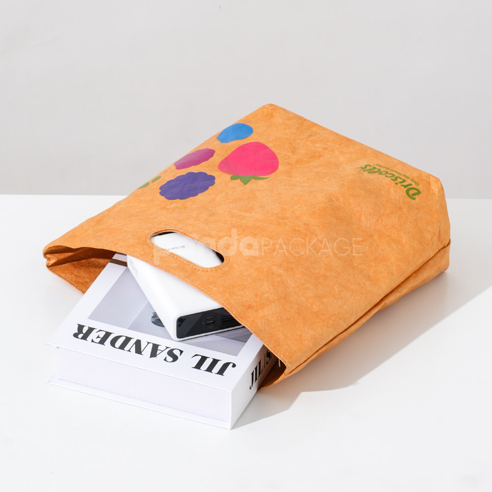 Reusable eco kraft tote bag with printed fruit icons