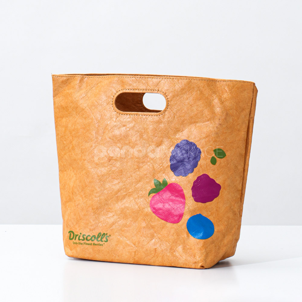 Reusable eco kraft tote bag with printed fruit icons