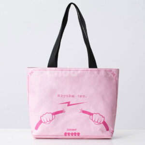 Pink paper tote bag with graffiti-style print and black handles