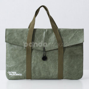 Green kraft paper tote bag with button string closure