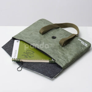 Green kraft paper tote bag with button string closure
