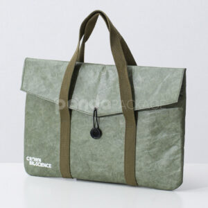 Green kraft paper tote bag with button string closure